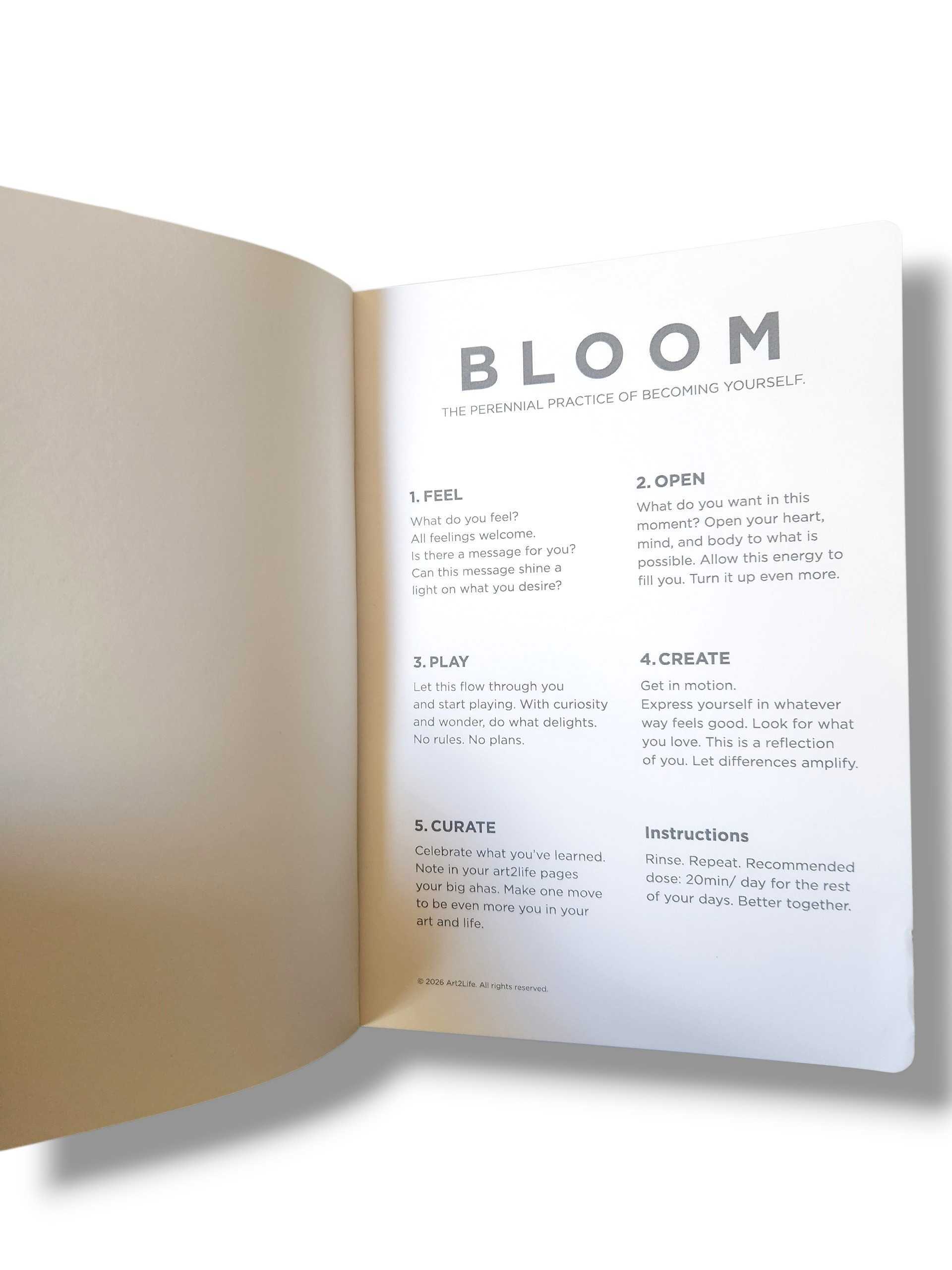 Open book page titled BLOOM with a subtitle and numbered sections (Feel, Open) visible in a clean layout.