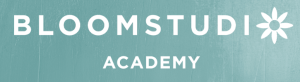 Brand banner reading BLOOMSTUDIO ACADEMY with a white flower icon on teal wood-textured background, right-aligned seed-like flower.
