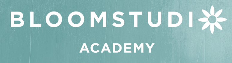 Brand banner reading BLOOMSTUDIO ACADEMY with a white flower icon on teal wood-textured background, right-aligned seed-like flower.