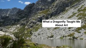 Alpine rocky landscape with a calm lake in the foreground and a bold white text banner reading 'What a Dragonfly Taught Me About Art'.